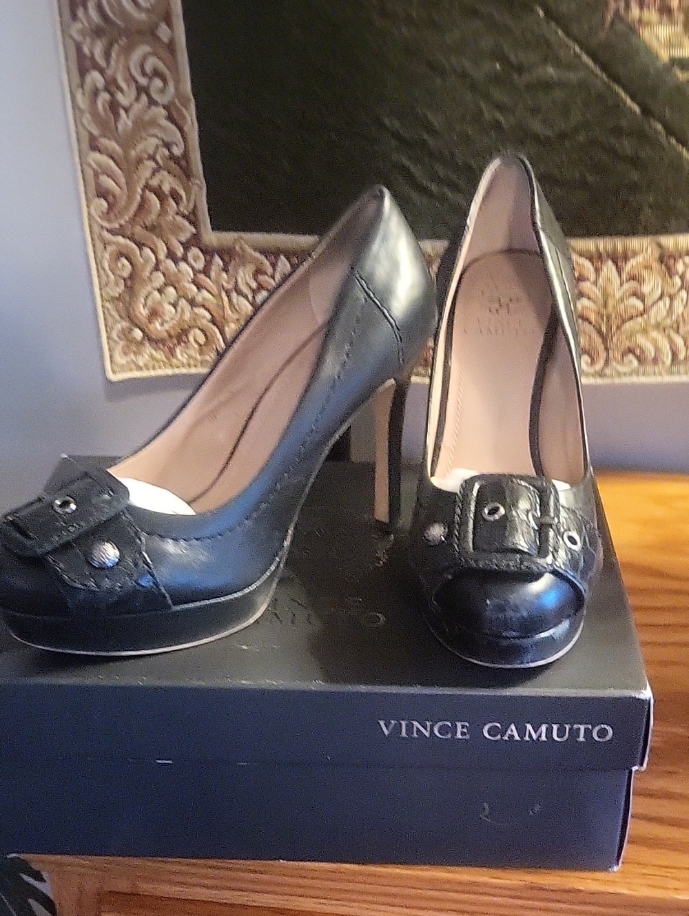 Vince Camuto Black Leather Buckle Platform Pumps
